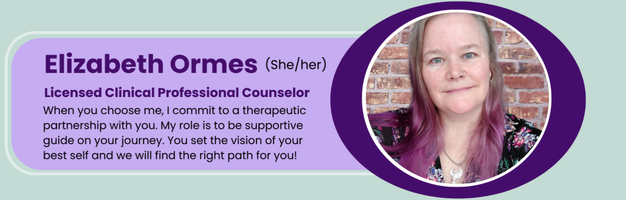 Image of Elizabeth Ormes, a Licensed Clinical Professional Counselor. She offers therapeutic support and guidance, emphasizing a partnership to help set and achieve personal goals.