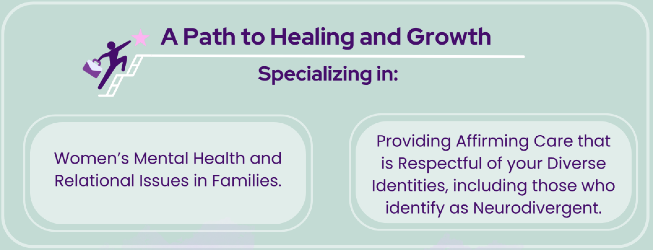 Graphic titled A Path to Healing and Growth with text detailing specializations: Women’s Mental Health and Relational Issues in Families and Providing Affirming Care that is Respectful of your Diverse Identities, including those who identify as Neurodivergent.